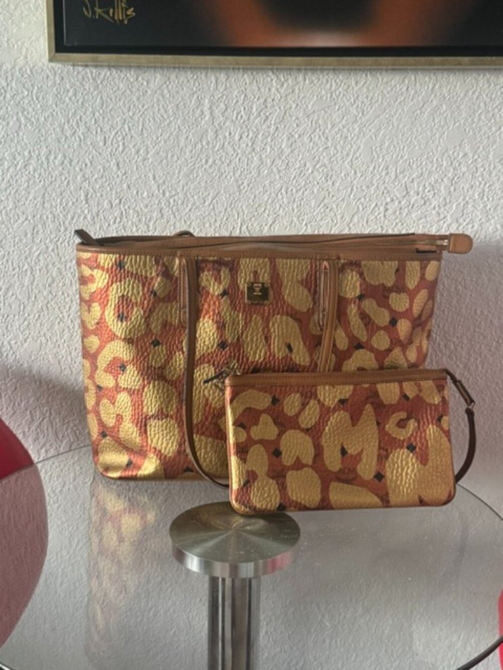 MCM Visetos Monogram Brown Large Tote Bag WITH WRISTLET